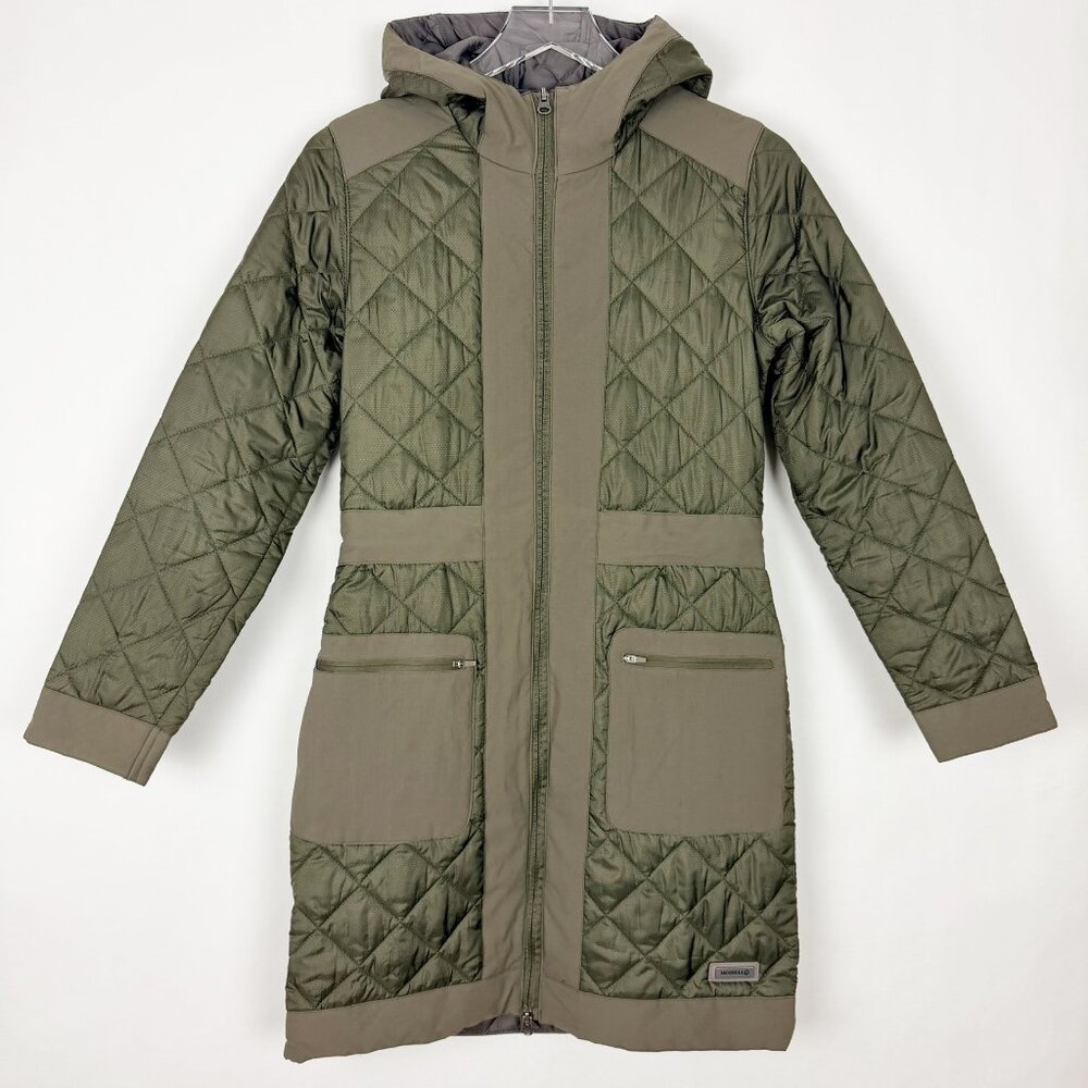 Merrell Lahti Long Microquilt Insulated Hooded Jacket Women's Size S Olive Green